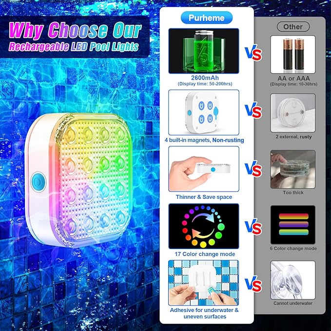 Submersible LED Lights with Remote, Waterproof Underwater LED Light Rechargeable Bettery 16 Color Changing Lamp Magnetic Floating Submersible Lights for Pool Vase Aquarium Decor (Ultra-Thin 4-Set)