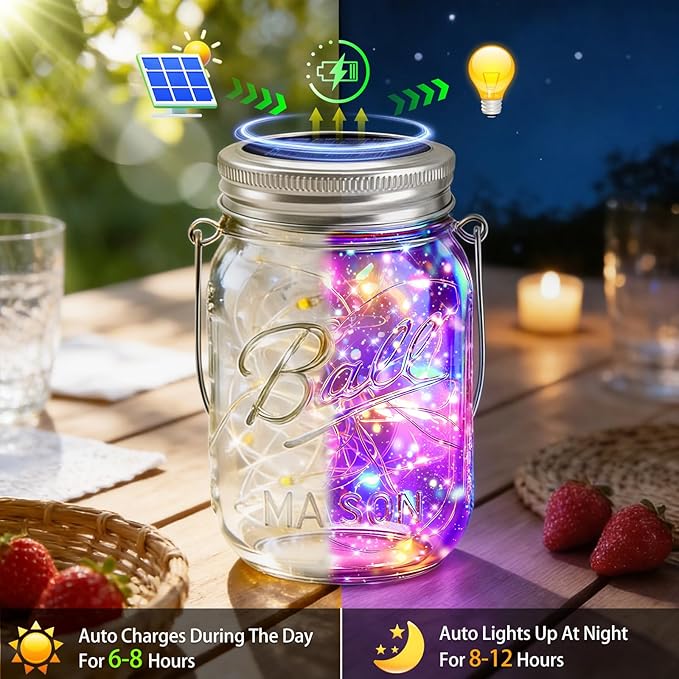VOOKRY 12 Pack Solar Mason Jar Lights, 30 LED Mason Jar Lids Waterproof Firefly Fairy String Lights with 12 Hangers(No Jars), for Outdoor Patio Garden Yard Lawn Party Wedding Decoration - Multicolor