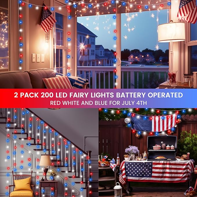 2 Pack Red White and Blue Fairy Lights Battery Operated, 66FT 200LED July 4th Patriotic String Lights with Timer, 8 Modes Waterproof Twinkle Light Indoor Outdoor for Independence Day National Day