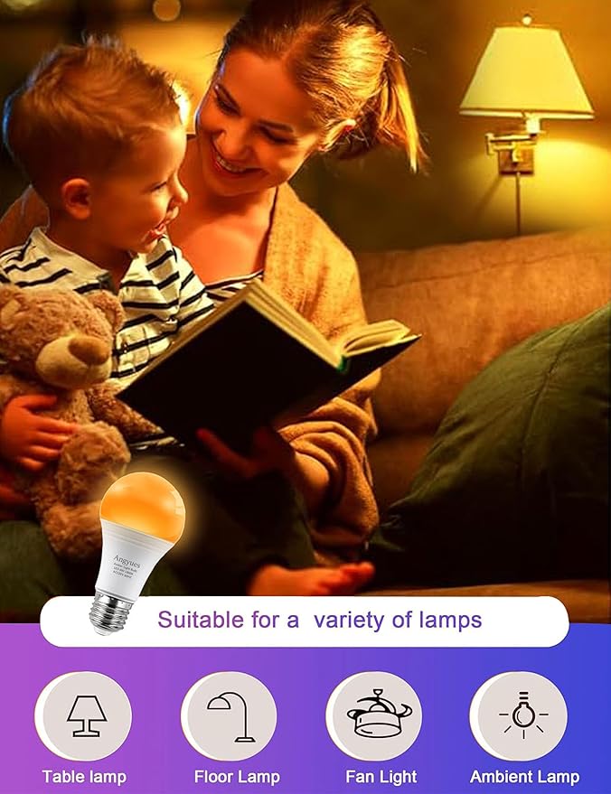 Amber Sleep Light Bulbs, Blue Light Blocking, A19 3W(25 Watt Equivalent) Dim Light Bulbs for Lamp,1800K Warm Light Bulbs,Mood Soothing Light E26 Warm Light Bulbs for Bedroom,2 Pack