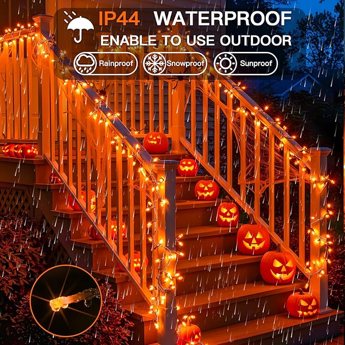 suddus Orange String Lights Outdoor with Remote, 33ft 100 LED Connectable Waterproof Halloween Lights Plug in, Dimmable Clear Wire Fairy Lights for Fall,Thanksgiving, Party, Garden, Porch, Dorm Decor