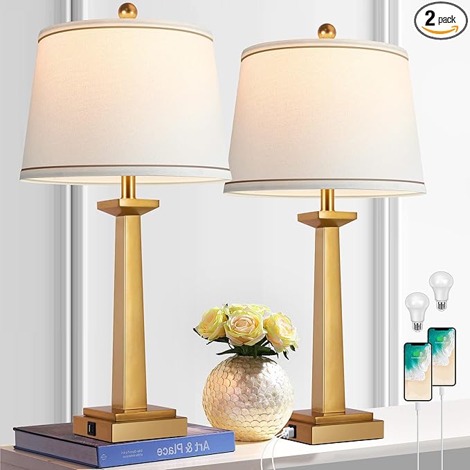 ROTTOGOON 29" Gold Table Lamps for Living Room Set of 2, 3-Color Temperature Nightstand Modern Lamps with Dual USB Charging Ports, Resin Brass Tall Lamp for Bedrooms (LED Bulbs Included)