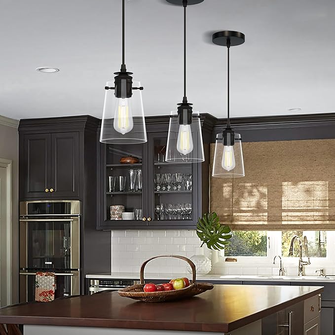 Pendant Lights Kitchen Island, Modern Industrial Pendant Light Fixtures with Glass Shade, E26 Socket Adjustable Cord for Dining Room, Bedroom, Living Room, Farmhouse Pendant Lighting 2Pcs