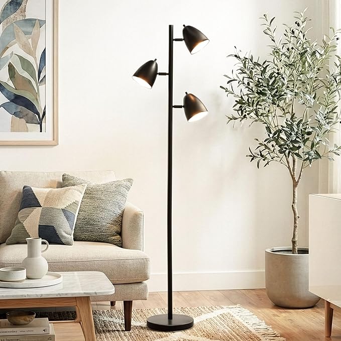 Brightech Jacob LED Standing Lamp, Modern Bright Floor Lamps for Living Rooms & Bedrooms, Tall LED Lighting Lamp with Adjustable 3 Light Tree – Classic Black