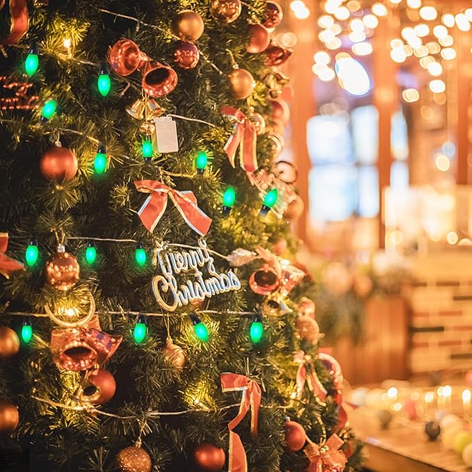 25 Pack C9 LED Green Christmas Light Bulbs, Shatterproof C9 Replacement Bulbs for Outdoor Christmas String Lights, 0.6W LED Night Lights Bulb, E17 Intermediate Base, 2700K Warm White- Green