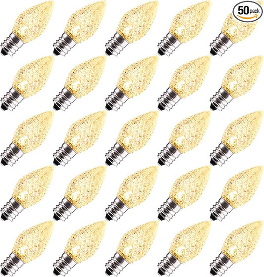 50 Pack C7 Led Replacement Christmas Light Bulb, C7 Shatterproof Led Bulbs for Christmas String Lights, E12 Candelabra Base, Commercial Grade Dimmable Holiday Bulbs, Warm White