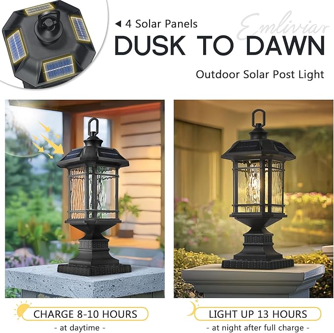 Emliviar Integral Solar Lamp Post with Fixed Pire Mount Base, Matte Black LED Fence Deck Pilllar Lighting for Patio, Portable Outside Solar Panels Lamp with Water Grain Glass, 2084P-ML SL BK