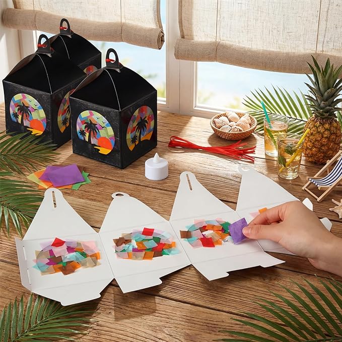 12 Sets Tropical Palm Tree Crafts with LED Candle Light DIY Hawaiian Summer Tissue Paper Craft Kits Hawaiian Luau Palm Tree Hanging Beach Jungle Embellishment for Home Decors Party