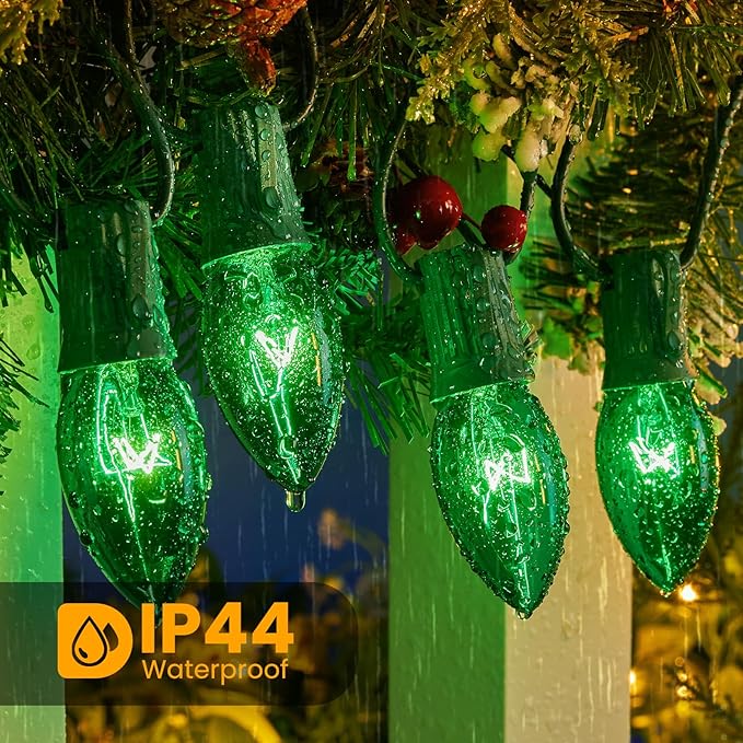 25 Pack C9 Incandescent Bulb Green, C9 Christmas Replacement Light Bulb for Christmas String Light, E17 Intermediate Base, 7 Watt, Green