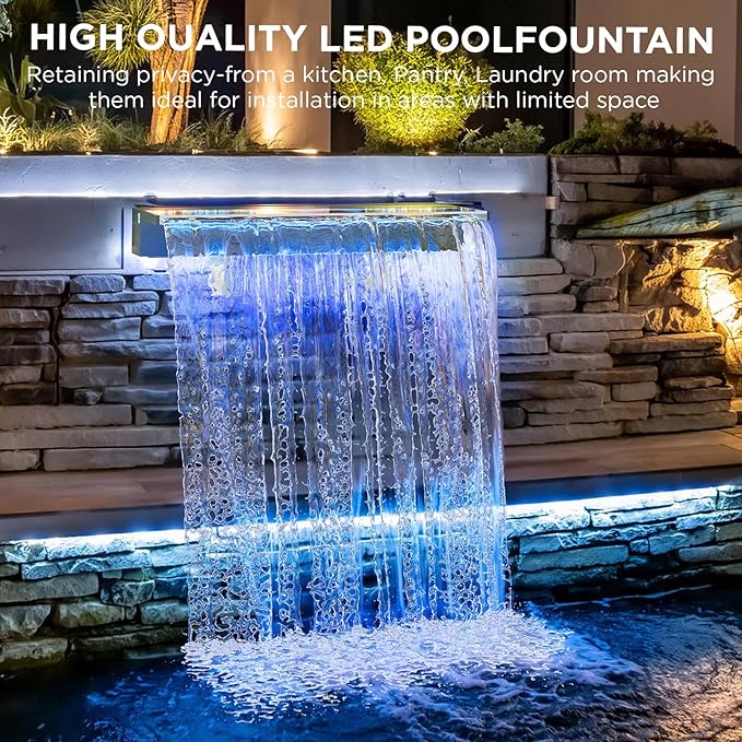 Acrylic Pool Fountain Waterfall with LED Lights - 23.6" LED Strip Remote Control with 18 Colors, Smooth Water Flow & Cascade Blade, Easy Installation for Outdoor, Garden, Patio & Ponds