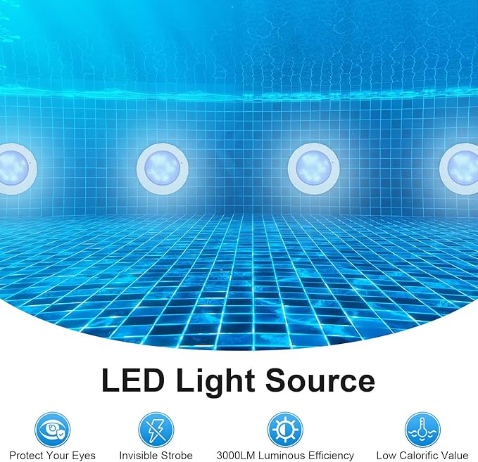 45W 12V LED Pool Light 3000LM RGB Color-Changing Waterproof IP68 Underwater LED Lights Swimming Pool Fountain Pond Colorful Lamp with Remote Controller
