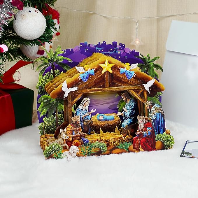 FaCraft Religious Nativity Musical Christmas Cards, 10"x7" Handmade 5-Layer 3D Pop Up Christmas Cards Gift Jesus Christ Birth Scene Decoration with Envelope, Blank Note, Seal, for Family Friends Kids