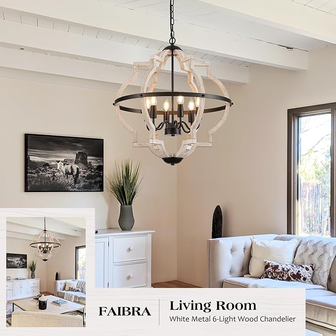 6-Light Farmhouse Wood Pendant Light,22.83'' Vintage Rustic Light White Wood Chandeliers,Retro Industrial Hanging Light Fixtures for Dining Room Entryway, Bedroom