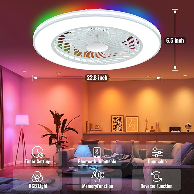 24'' Low Profile Bladeless Ceiling Fans with Lights, Remote/APP/Alexa Smart Control, RGB & 3CCT Dimmable, Flush Mount Ceiling Fan with 6-Speed Reversible for Bedroom Living Room Kid's Room