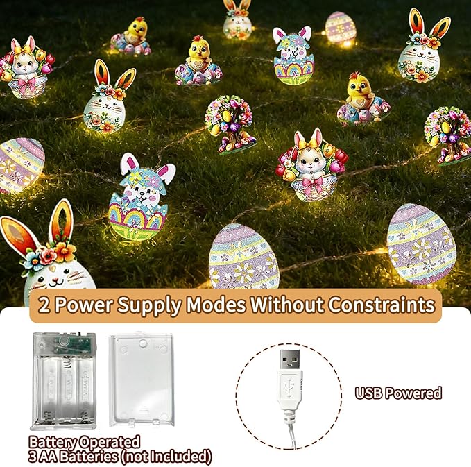 Easter String Lights,10Ft 20 LED Easter Lights Bunny Egg Chick Fairy Lights with Dual Power (Battery/USB) 2 Lighting Modes 6 Cute Patterns for Indoor Outdoor Easter Decorations Spring Home Party Patio