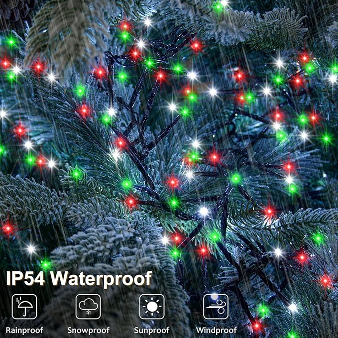 2 Pack Christmas Lights Red White Green, Total 20Ft 400 LED String Lights with Timer 8 Modes Cluster Firecracker Light for Tree Room Garden Outdoor Decor