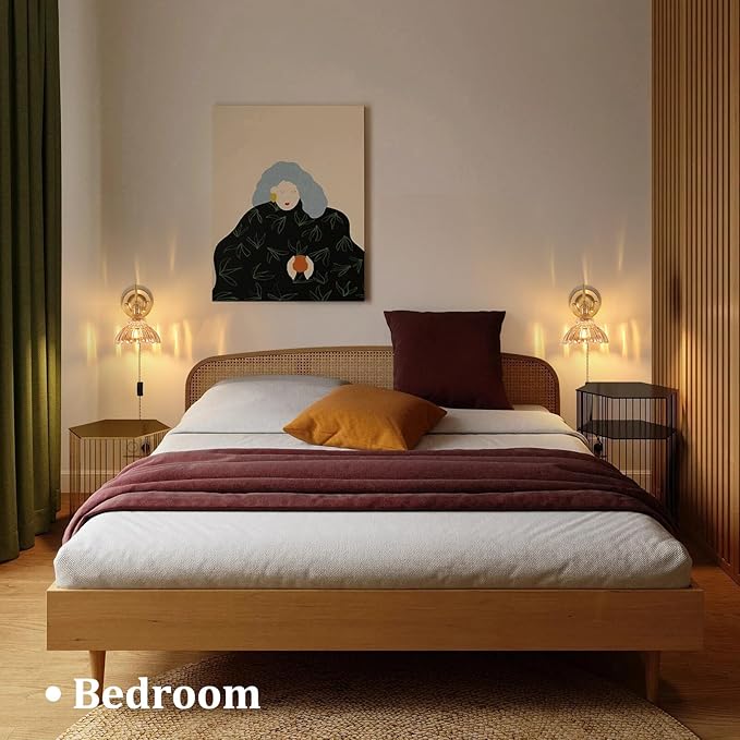 Plug in Wall Sconce Set of 2, Gold Vintage Wall Decor Lights with Amber Lily Glass Shade, Indoor Brass Corded Wall Lamp Fixture for Bedroom Living Room Bathroom Hallway
