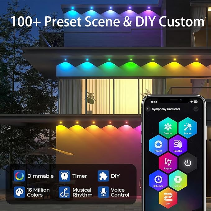 Permanent Outdoor Lights 150ft, RGBWC+IC Smart LED Strip with 50+ Scene Modes, IP68 Waterproof, App & Remote Control for Christmas, Holiday, Roof, and Pool Party Decor (50FT-30LEDS)