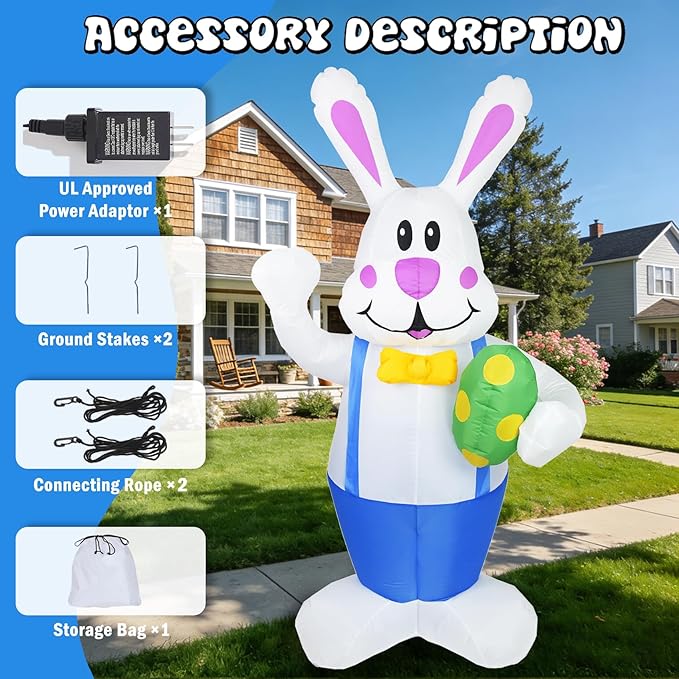 Dearsun 6.2FT Easter Inflatables Outdoor Decoration, Inflatable Bunny Blow up Outdoor Yard Decorations Giant Bunny Holding Easter Egg with LED Lights for Holiday Party Indoor Outdoor Décor