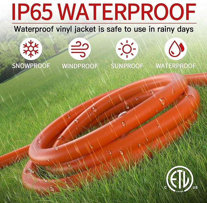 16/3 50 FT Outdoor Extension Cord Waterproof, Weatherproof & Flame Retardant Orange 3 Prong Power Cord Outside for Lawn & Garden, 13 Amps 1625 Watts 125 VAC 16AWG SJTW, ETL Listed