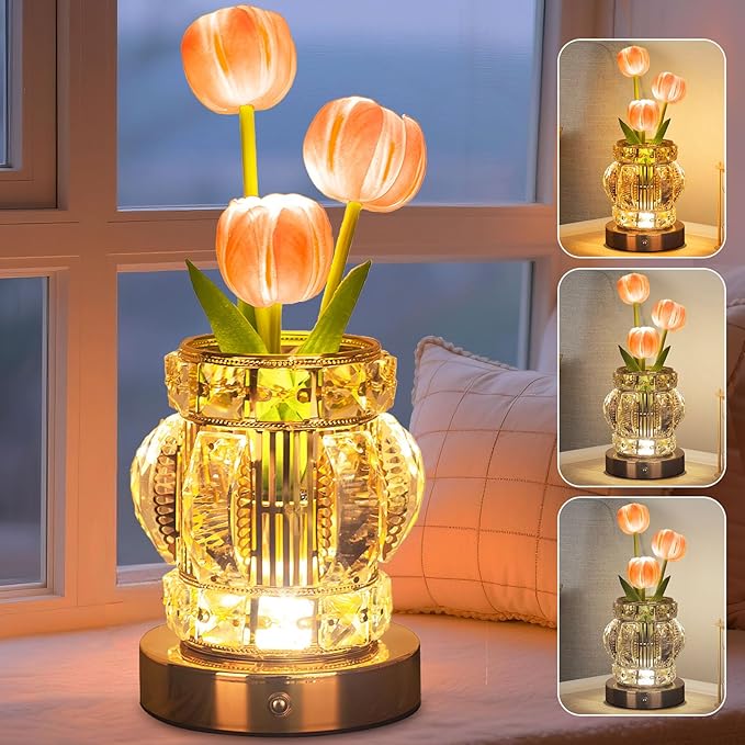 Tulip Table Lamp, Rechargeable Cordless Touch Dimming Artificial Tulip Flower Desk Lamp, LED Crystal Lamp Flower Bedside Night Light, Romantic Gifts for Girl Women Mom (Pink - Tulip)