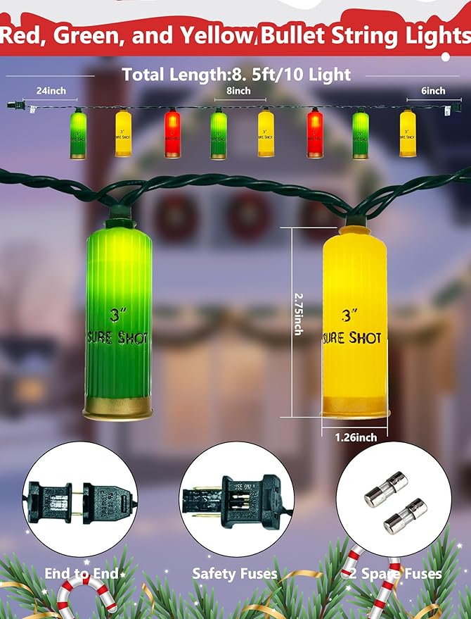 8.5Ft LED Shotgun Shell Shape Christmas Light Outdoor, Christmas Decorations Lights with 10 LED Red Green and Yellow Bullets Bulbs, Hanging Bullets String Lights for Patio Garden Party Xmas Tree Decor