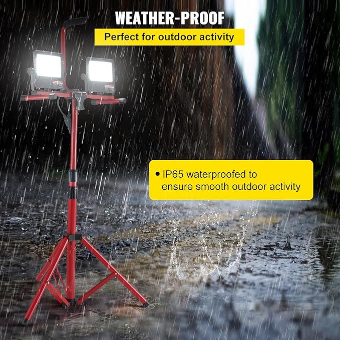 VEVOR LED Work Light with Stand, 10000 Lumen Dual-head LED Work Light with 27.6"-68.1" Adjustable and Foldable Tripod Stand, IP65 Waterproofed LED Tripod Work Light, with 5000 Kelvin Color Temperature