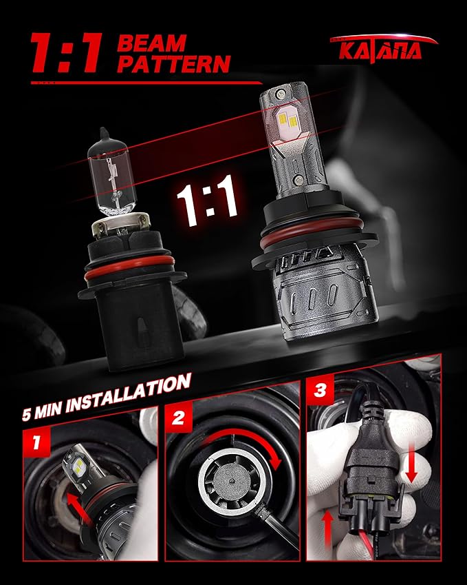 Katana 9007 Light Bulb, HB5 Bulb 400% Brightness 6500K White Plug and Play Mini Size Fog Light Bulb of 2
