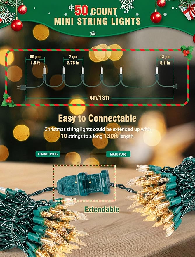 Hopolon 50 Count Clear Christmas Lights 13 Feet Incandescent String Lights Green Wire Mini Christmas Tree Light for Indoor Outdoor Garland Birthday Wedding Festival Decoration, Warm White