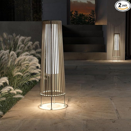 Grand patio 2-Pack Outdoor Floor Solar Light, Wicker Solar Patio Lamp Waterproof Outside Deck Lamp for Porch, Yard, Garden, Lawn Decorations - Light Brown, Gordes 2 PCS