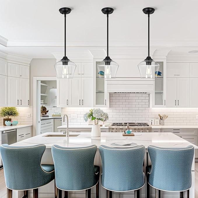 1-Pendant Lights Kitchen Island, Hand Blown Glass Pendant Light Fixtures, Metal Light Fixtures Rod Ceiling Ceiling Lighting for Kitchen Island Dining Room Bar