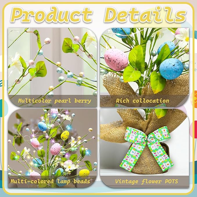 Lighted Easter Decorations 20'' Egg Tree for Tabletop Decor, Timer Egg Tree Ornaments, Easter Artificial Tree for Centerpiece Table Indoor Outdoor Spring Home Decorations