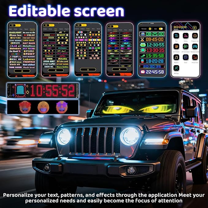 Eyes Led Lights for Cars 2PCS - 14.72x3.62In Customizable Display, USB Powered, App/Remote Control, Synced Dual Screen Led Windshield Eyes for Cars/SUVs/Medium Trucks