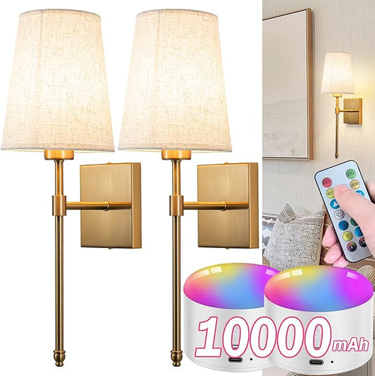 Battery Operated Wall Sconce Light Set Of Two, Battery Operated Sconces Wall Lighting Indoor Wireless Wall Sconce With Remote Control, Dimmable Battery Wall Lamp With 3CCT Bulb For Bedroom Living Room