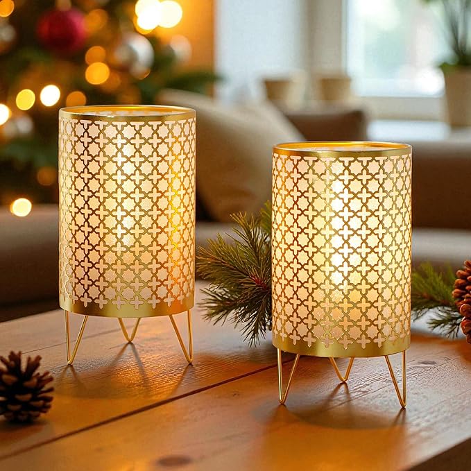 TRIROCKS Set of 2 Battery Operated Lamp 9'' High Cordless Table Lamp Battery Powered Lanterns with 6H Timer for Home Living Room Weddings Parties Patio Events Outdoors Indoors Shelf(Gold)