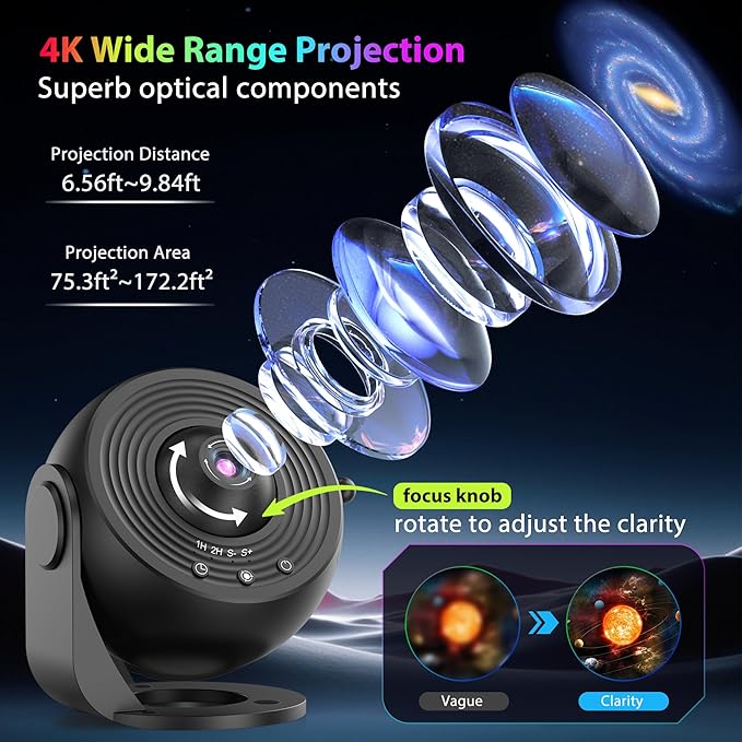 Galaxy Projector for Bedroom, HD Image Star Projector Galaxy Light Adjustable Knob, 13 Film Discs Planetarium Projector for Kids, 360° Rotating 1/2h Timer Simple 3-Button Control