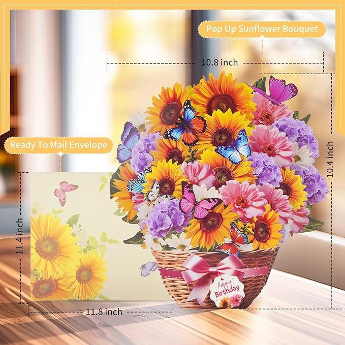 Birthday Cards with MUSIC & LIGHTS, Pop Up Happy Birthday Card, Sunflower & Butterfly, 10 Inch Life Sized Forever Flower Bouquet Gifts for Women Mom Grandma