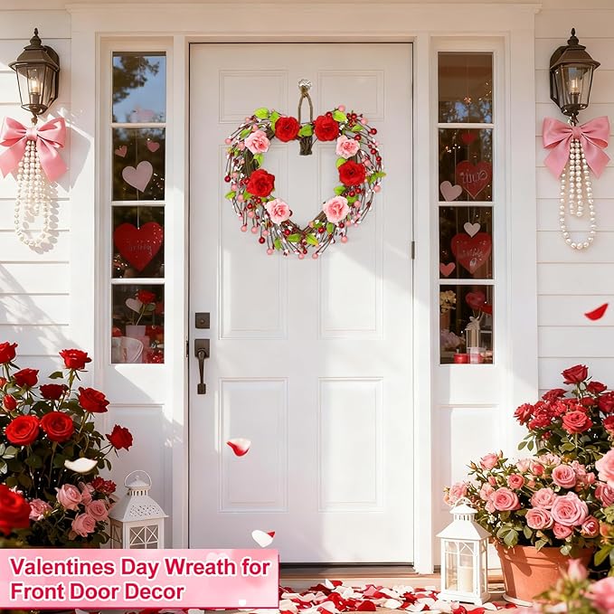 Valentines Day Wreath Decor with 20 Red and Pink Lights Timer, 18 Inch Valentines Wreaths for Front Door Rose Berry Green Leaf, Wood Heart Wreaths for Anniversary Valentines Day Decor Outdoor Indoor