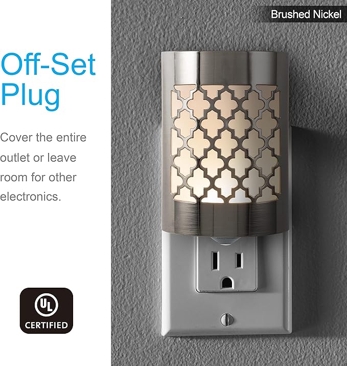 GE CoverLite LED Night Light, Decorative, Plug-in, Smart Dusk-to-Dawn Sensor, Home Décor, Ideal for Bedroom, Bathroom, Kitchen, Hallway, 1 Pack, 29847, Brushed Nickel | Moroccan