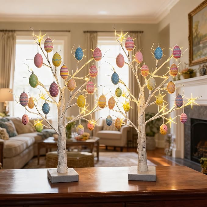2-Pack Lighted Easter Spring Mothers Day Christmas Tree Decorations Indoor, 2ft Birch Tree with LED Lights, Small Tabletop Patriotic Valentines Day Tree with Lights,Battery- Powered
