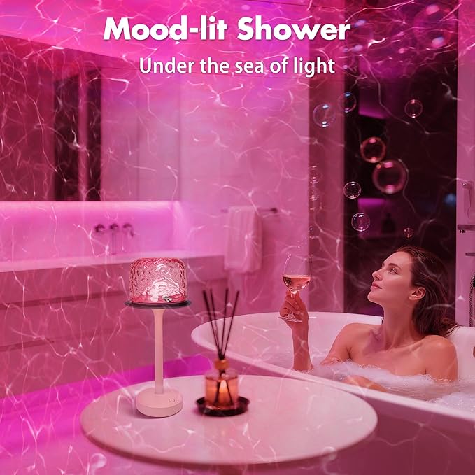 Rechargeable Shower Lights for Inside Shower, Cordless Waterproof Shower Lamp with Remote, 16 Color Changeable Ocean Wave Projector Light, LED Rotating Water Ripple Table Lamp for Bathroom, Bedroom