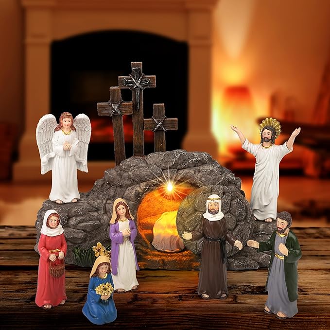 Fovths 9 Pieces Easter LED Cross Shaped Resin Table Decor Resurrection of Jesus Statue Set Easter Resin Tabletop Decoration for Indoor Holiday Home Tabletop Ornaments