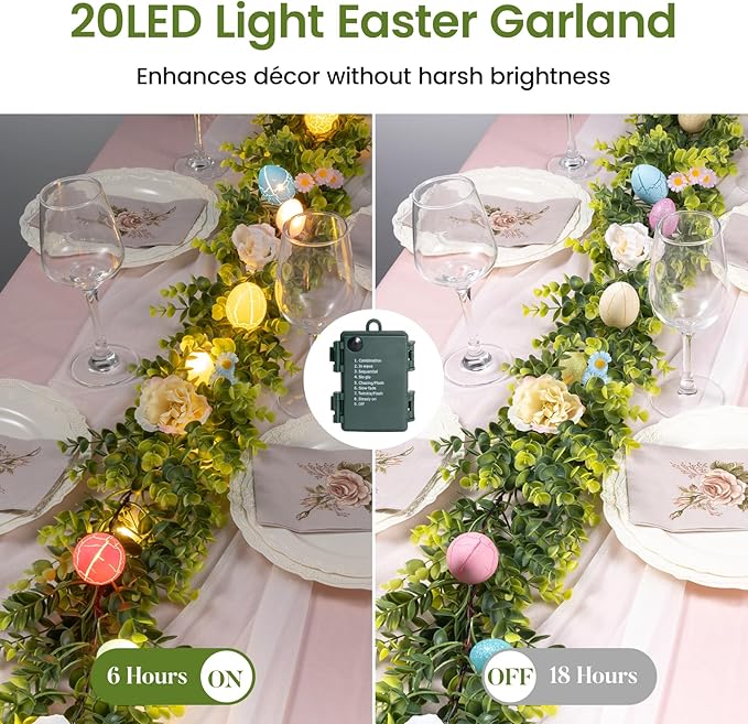 6FT Prelit Easter Garland with 20 LED Lights, Lighted Artificial Easter Egg Garland for Mantle, Battery Operated with 8 Mode Timer – Peony & Eucalyptus Accents