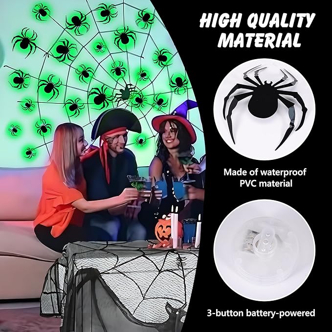 36 PCS LED Green Lighted 3D Spiders Halloween Decoration, 4 Sizes Shapes Removable PVC Spiders Sticker, Waterproof Halloween Spider Wall Decor for Home Indoor Outdoor Room Window Door Wall Party Decor
