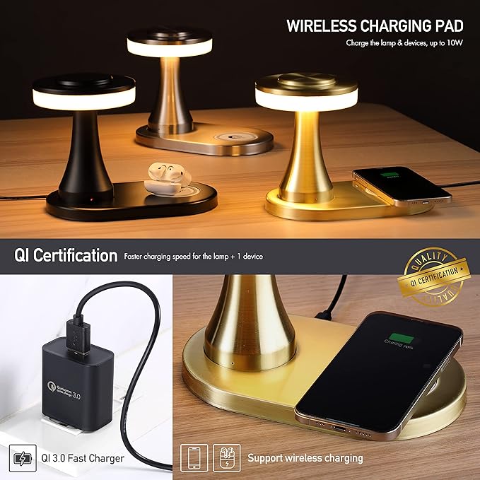 O’Bright - Portable LED Table Lamp with Wireless Charging Pad, Dimmable and Rechargeable Night Lamp, Ambient Light for Patio/Restaurant/Nursery, Bedside Nightstand Lamp, Gold