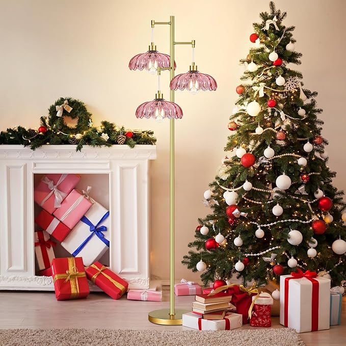 Gold Floor Lamp for Living Room,Modern Floor Lamps with Unique Pink Glass Shades,3 Lights Mid Century Tall Standing Lamp,Vintage Tree Flower Floor Lamp for Bedroom Corner Office Reading