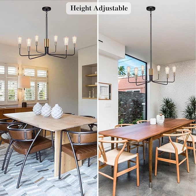 ETONIMERR Black Gold Chandelier Light Fixture 6-Light, Modern Chandelier for Dining Room Light Fixture Industrial Pendant Light for Kitchen Island Living Room Bedroom Foyer