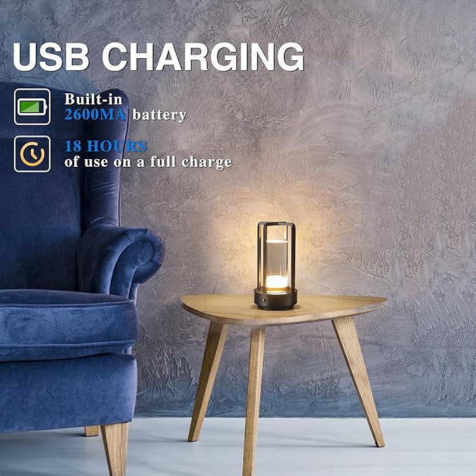 Portable Metal Table Lamp, Cordless Table Lamp, Rechargeable Battery Powered Portable LED Desk Lamp, 3 Color Stepless Dimming Touch, for Bedroom Restaurant Home Outdoor (Grey)