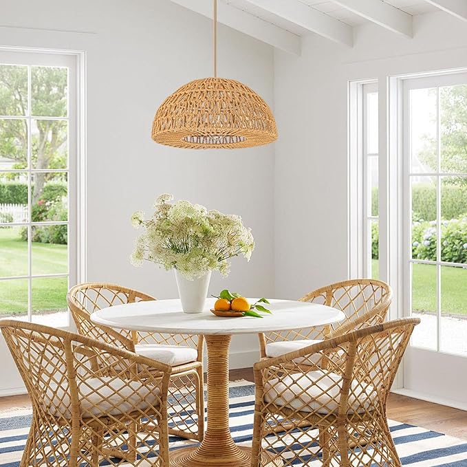 Rattan Boho Chandelier Dinning Light Fixture,17.7'' Rattan Pendant Light,Boho Hand Woven Chandelier Hanging Light Wicker Chandeliers for Kitchen Island Light Living Room Bedroom Farmhouse Nursery