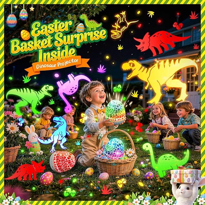 PIKOY Dinosaur Toys for Kids 3-5 Easter Gifts for Kids Toys Night Light Projector Dinosaur Eggs Easter Eggs Night Light for Kids | 15 Sounds & 3D Films | 31Colors & Remote Control | Easter Toys